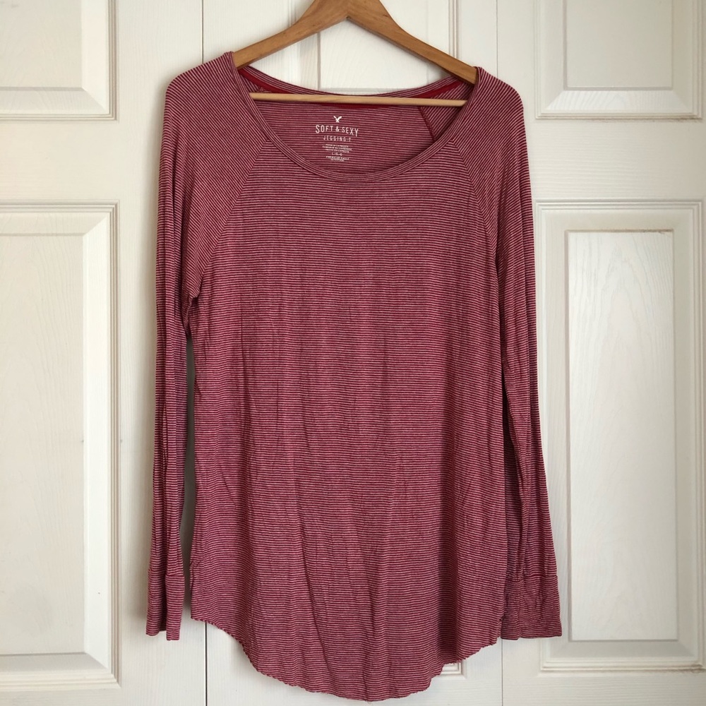 American Eagle Red and Gray Striped Long Sleeve